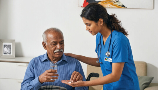 Nurse assisting elderly woman